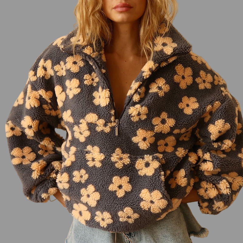 Women's Boho Floral Sweater – Oversized Sherpa Pattern Pullover