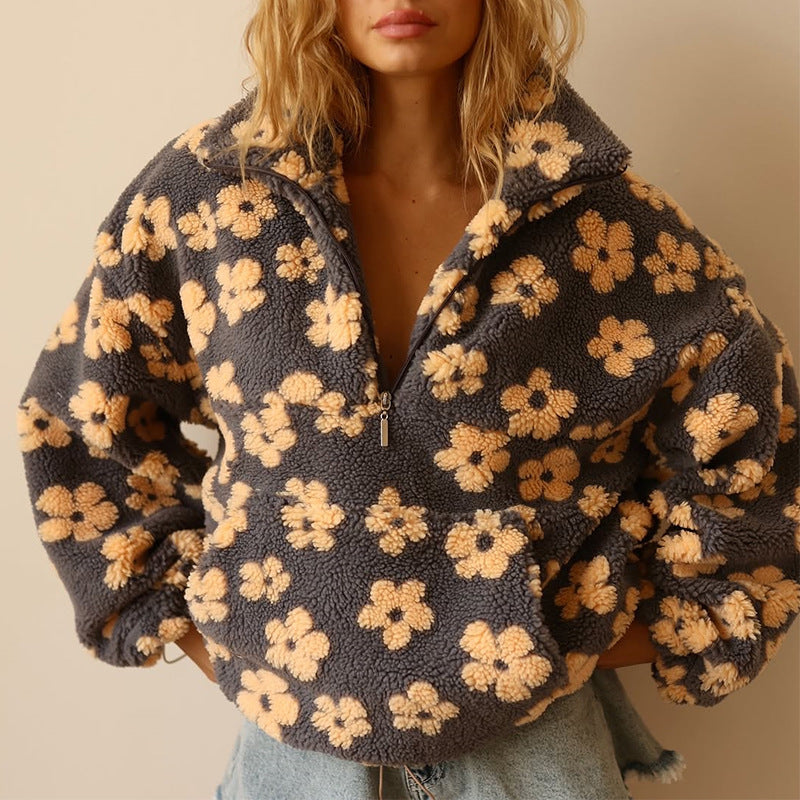 Women's Boho Floral Sweater – Oversized Sherpa Pattern Pullover