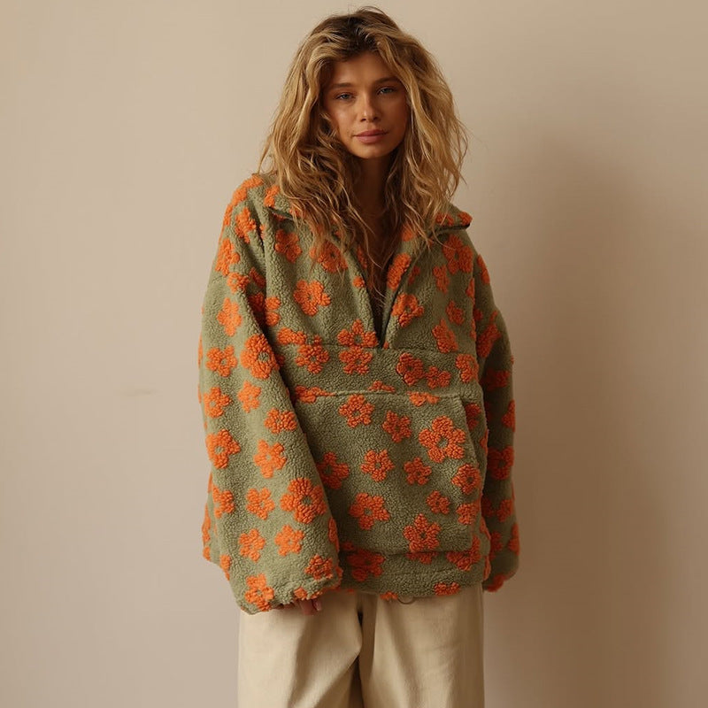 Women's Boho Floral Sweater – Oversized Sherpa Pattern Pullover