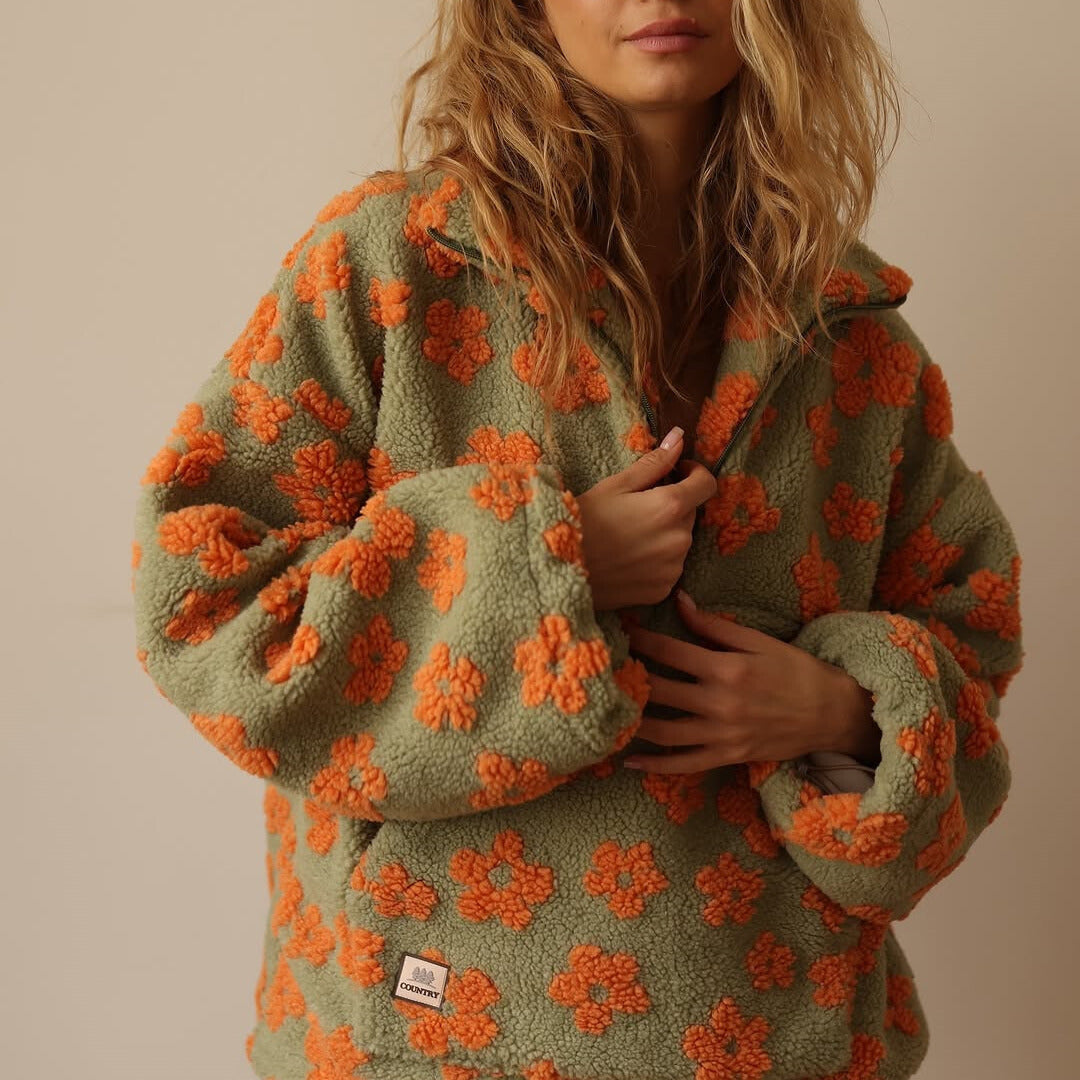 Women's Boho Floral Sweater – Oversized Sherpa Pattern Pullover