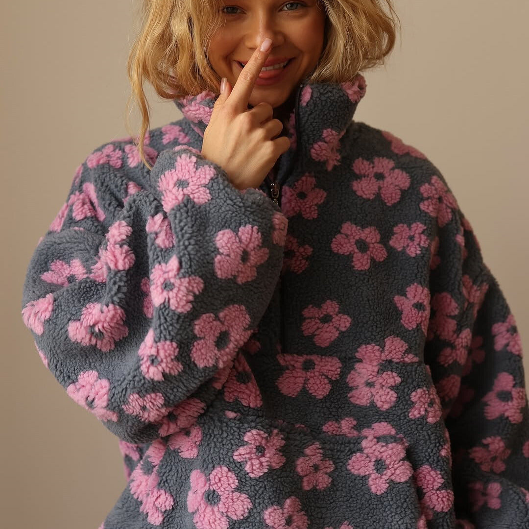 Women's Boho Floral Sweater – Oversized Sherpa Pattern Pullover