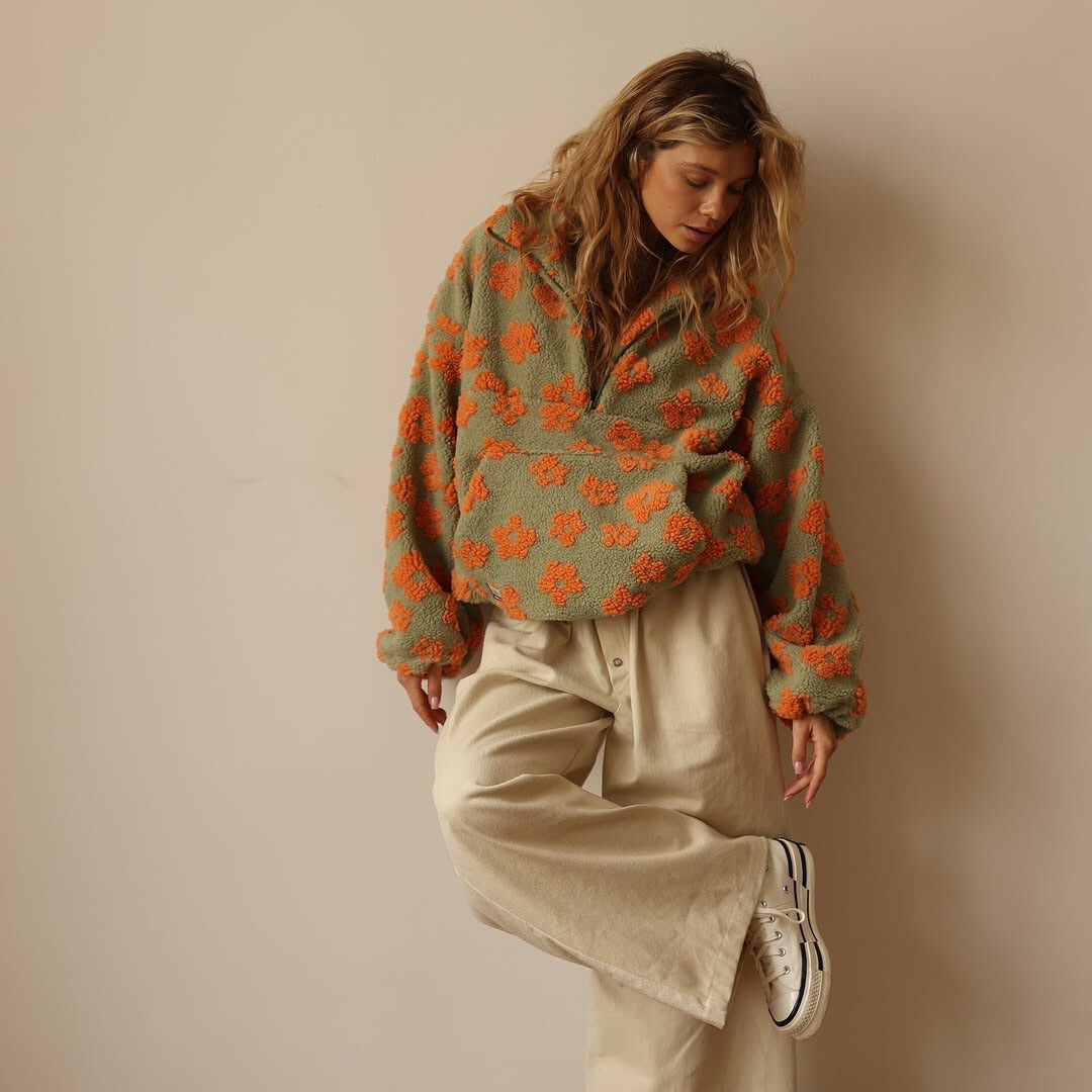 Women's Boho Floral Sweater – Oversized Sherpa Pattern Pullover