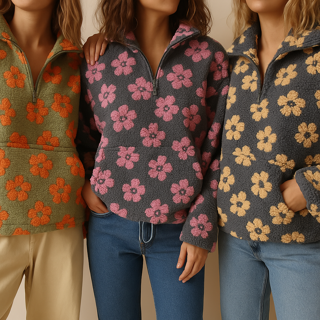 Women's Boho Floral Sweater – Oversized Sherpa Pattern Pullover