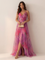 Women's V-Neck Maxi Dress – Watercolor Occasion Dress