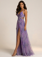 Women's V-Neck Maxi Dress – Watercolor Occasion Dress