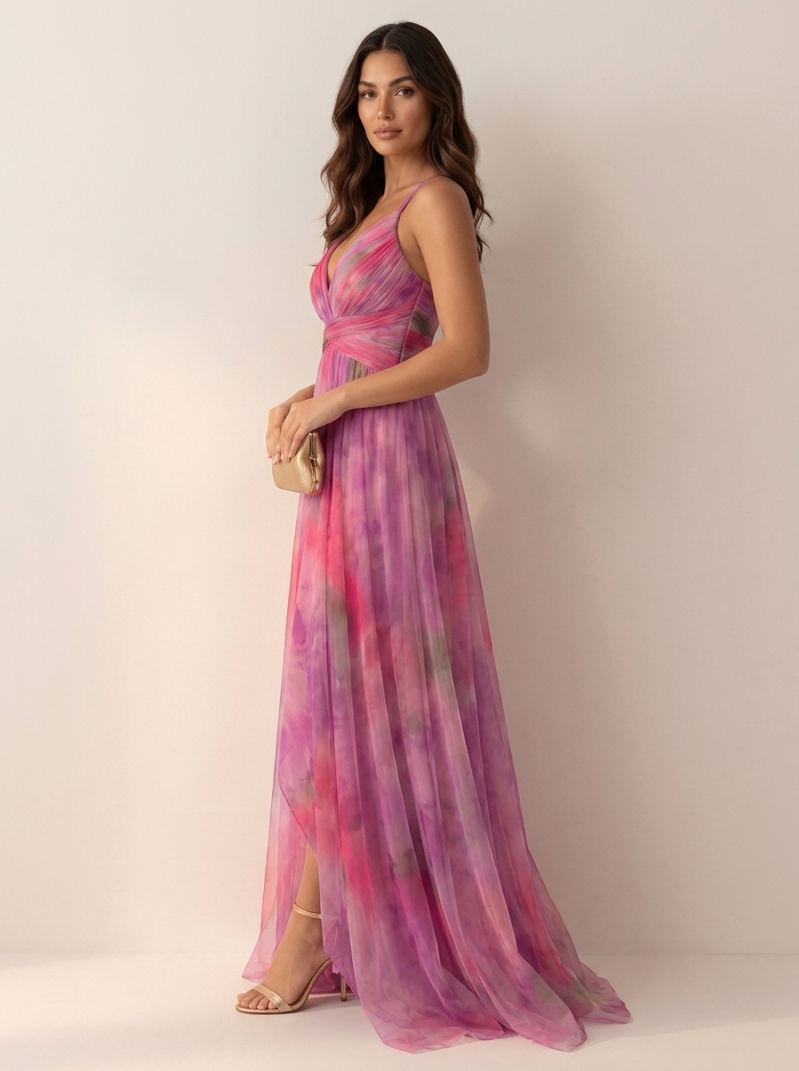 Women's V-Neck Maxi Dress – Watercolor Occasion Dress