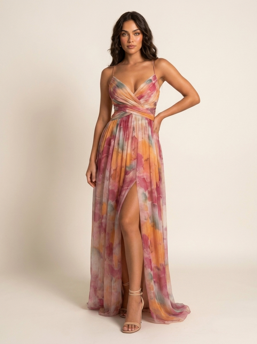 Women's V-Neck Maxi Dress – Watercolor Occasion Dress