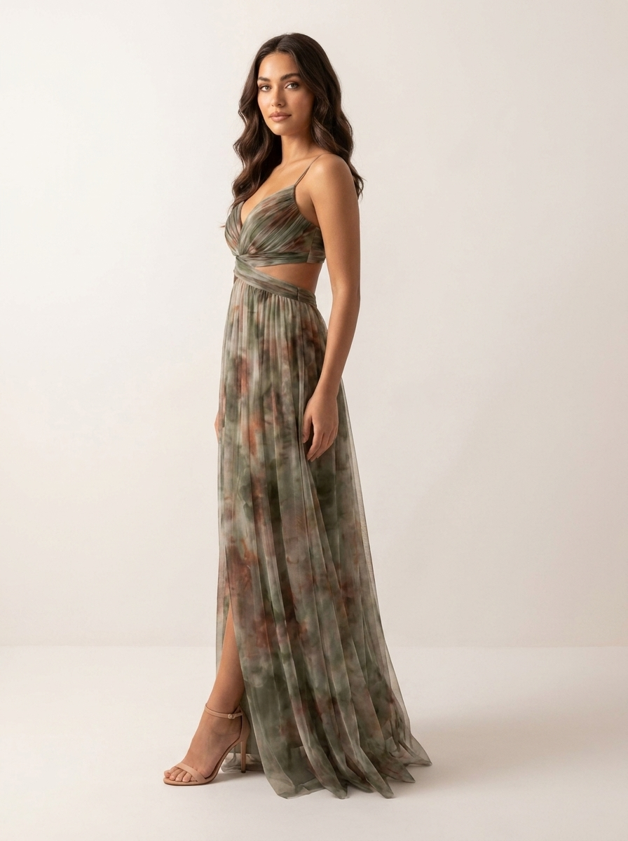 Women's V-Neck Maxi Dress – Watercolor Occasion Dress