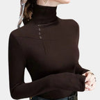 Women's Button High Neck Top – Mocha Long Sleeve Statement Top