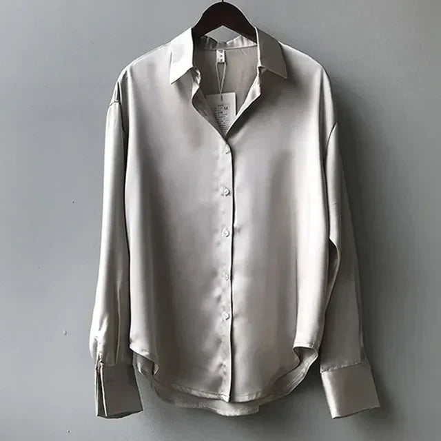 Women's Button Down Blouse with Dropped Shoulders and Curved Hem