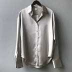 Women's Button Down Blouse with Dropped Shoulders and Curved Hem