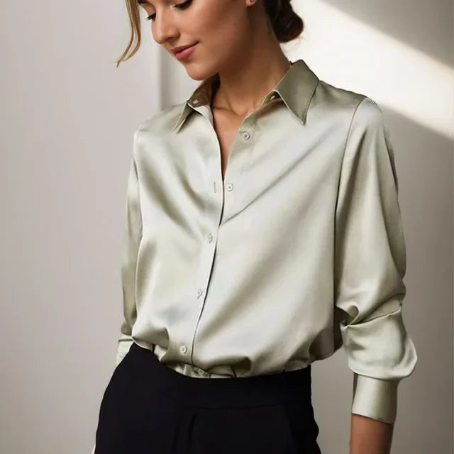 Women's Button Down Blouse with Dropped Shoulders and Curved Hem