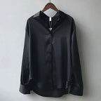 Women's Button Down Blouse with Dropped Shoulders and Curved Hem