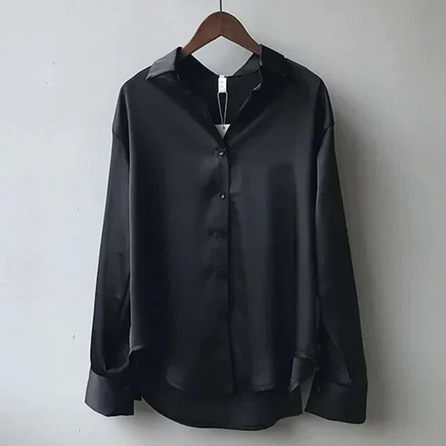 Women's Button Down Blouse with Dropped Shoulders and Curved Hem