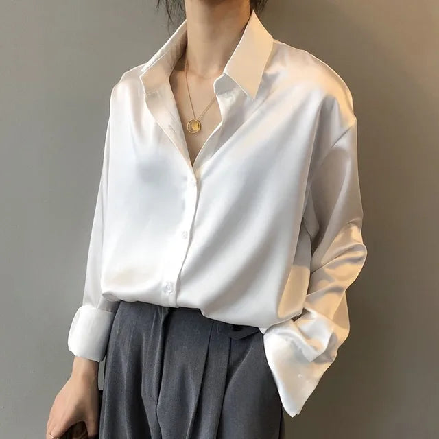 Women's Button Down Blouse with Dropped Shoulders and Curved Hem