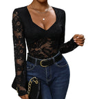 Women's Floral Lace Bodysuit – Deep V-Neck Long Sleeve Sheer Bodysuit
