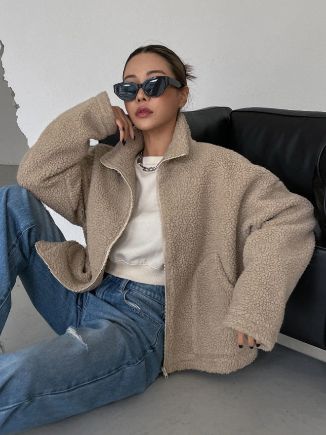 Women's Oversized Fleece Jacket – Stand Collar Zip-Up Winter Jacket