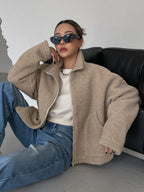 Women's Oversized Fleece Jacket – Stand Collar Zip-Up Winter Jacket