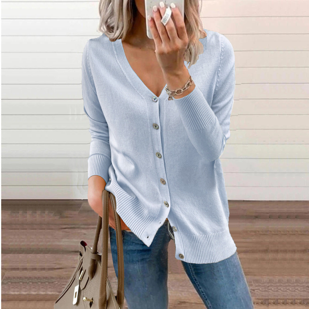 Women's V-Neck Button Cardigan – Ribbed Long Sleeve Knit Cardigan