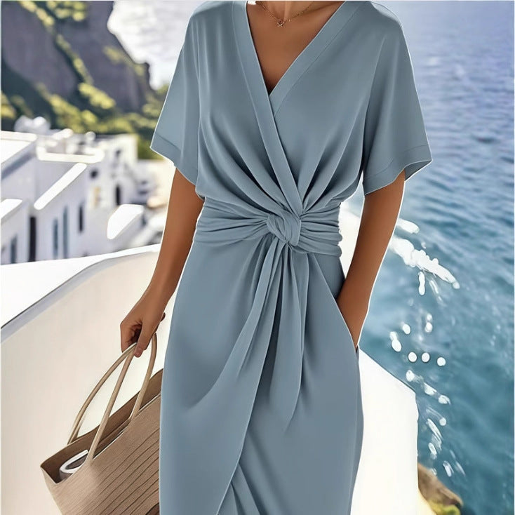 Women's Draped Wrap Dress – Side Slit Midi Dress
