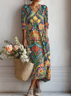 Women's Vintage Floral Midi Dress – Relaxed A-Line Summer Dress