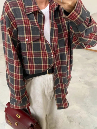 Women's Oversized Check Blouse – Relaxed Button Front Shirt Blouse