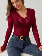 Women's Deep V-Neck Lace Bodysuit – Long Sleeve Sheer Floral Bodysuit