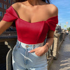 Women's Off-Shoulder Corset Bodysuit – Bow Sleeve Fitted Evening Bodysuit