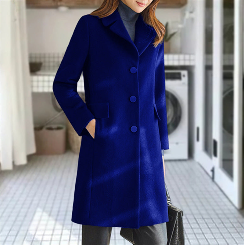 Women's Classic Long Coat – Lapel Collar Button Front Overcoat