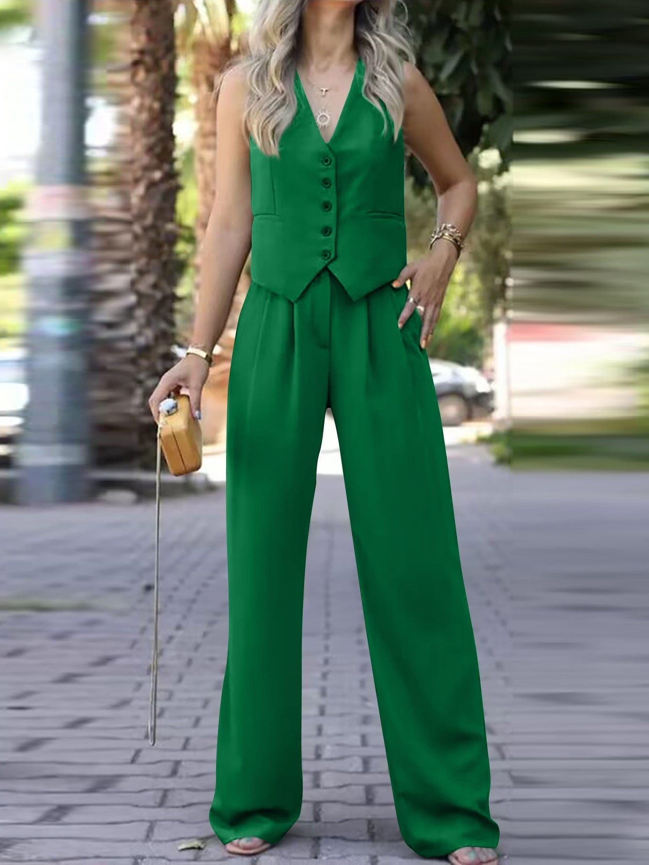 Women's Waistcoat Pants Set – Sleeveless V-Neck Vest & Wide Leg Trousers