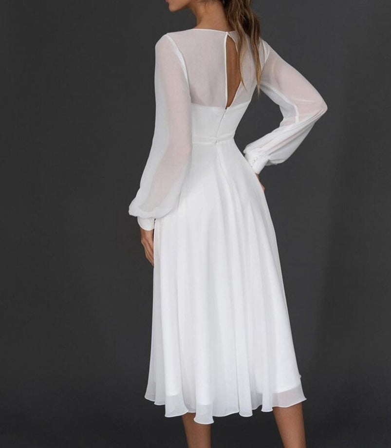 Women's Pleated V-Neck Dress – Long Sleeve Fit & Flare Occasion Dress