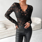 Women's Romantic Lace Bodysuit – V-Neck Long Sleeve Floral Bodysuit
