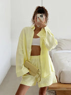 Women's Two Piece Set with Button Blouse and Matching Shorts