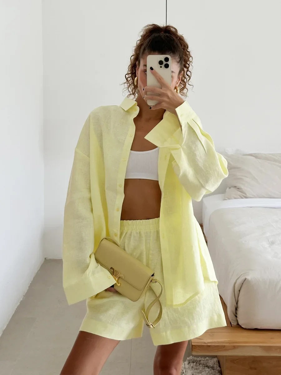 Women's Two Piece Set with Button Blouse and Matching Shorts