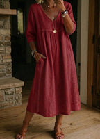 Women's V-Neck Midi Dress – Three-Quarter Sleeve Pocket Dress