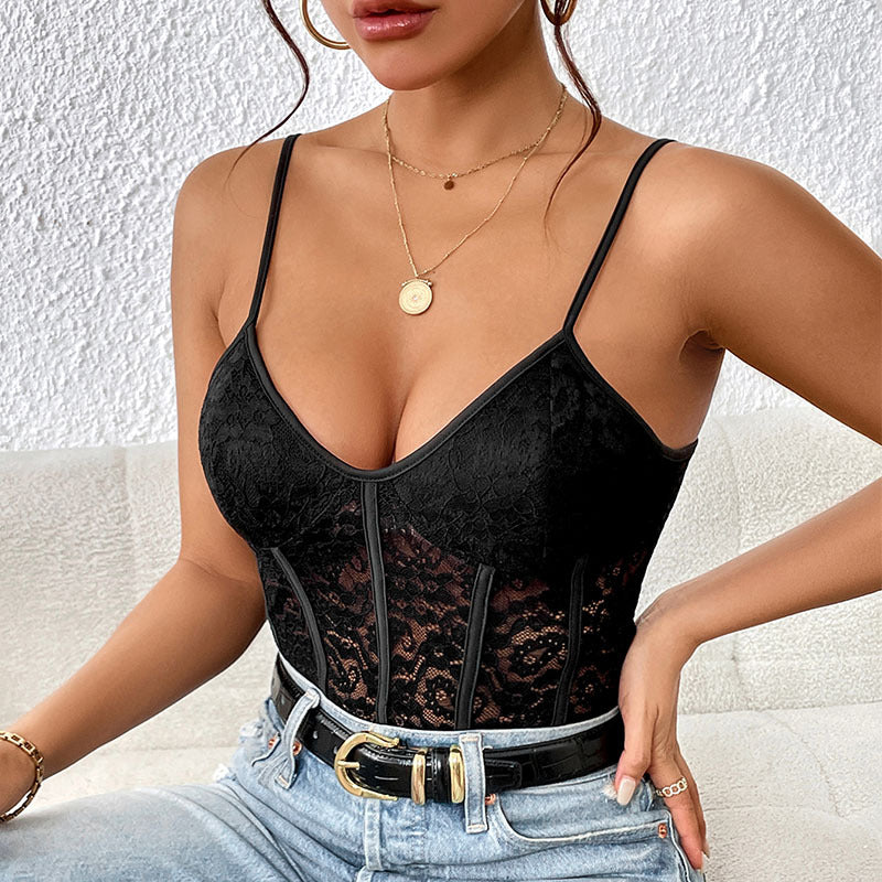 Women's Lace Insert Bodysuit – V-Neck Sheer Detail Long Sleeve Bodysuit
