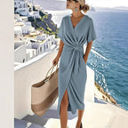 Women's Draped Wrap Dress – Side Slit Midi Dress