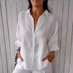 Women's Relaxed Blouse with Folded Sleeves and Button Front