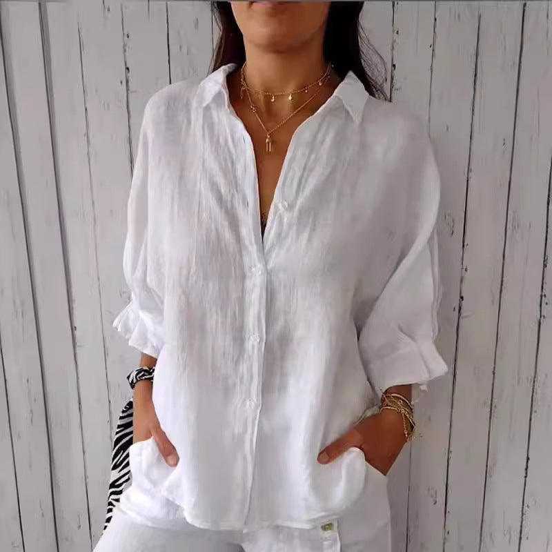 Women's Relaxed Blouse with Folded Sleeves and Button Front