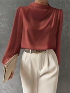 Women's Long Sleeve Blouse with Pleated Front and Relaxed Silhouette