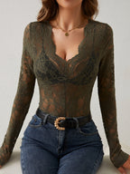 Women's Deep V-Neck Lace Bodysuit – Long Sleeve Sheer Floral Bodysuit