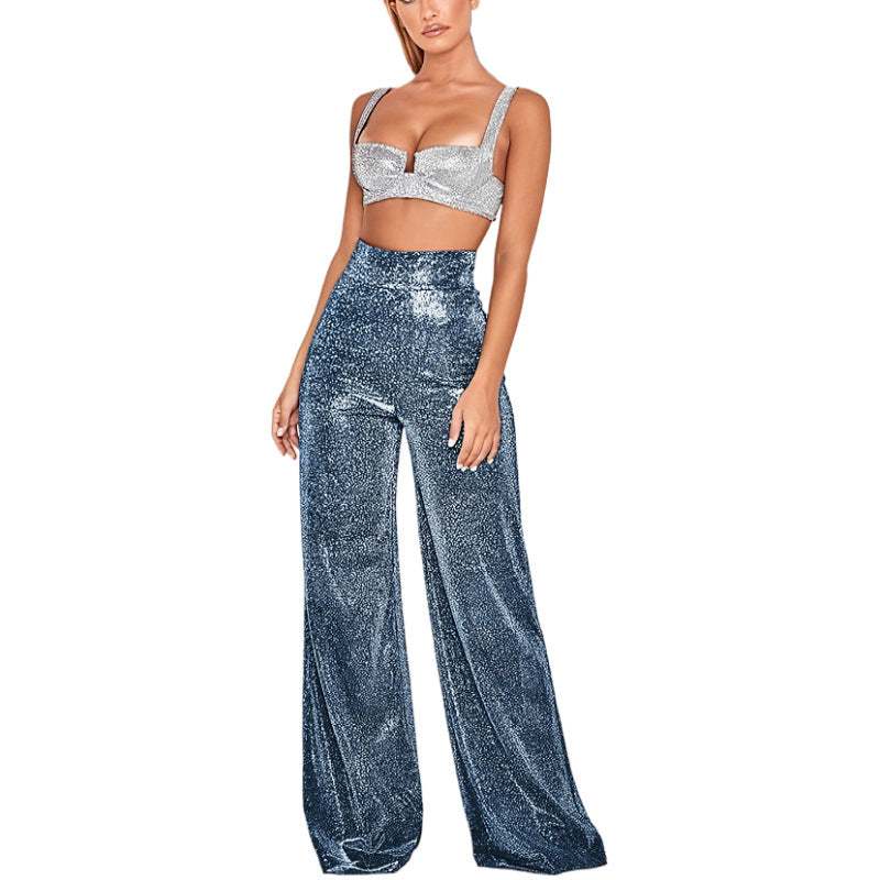 Women's Glitter Side Slit Trousers – High Waist Straight Leg Party Pants