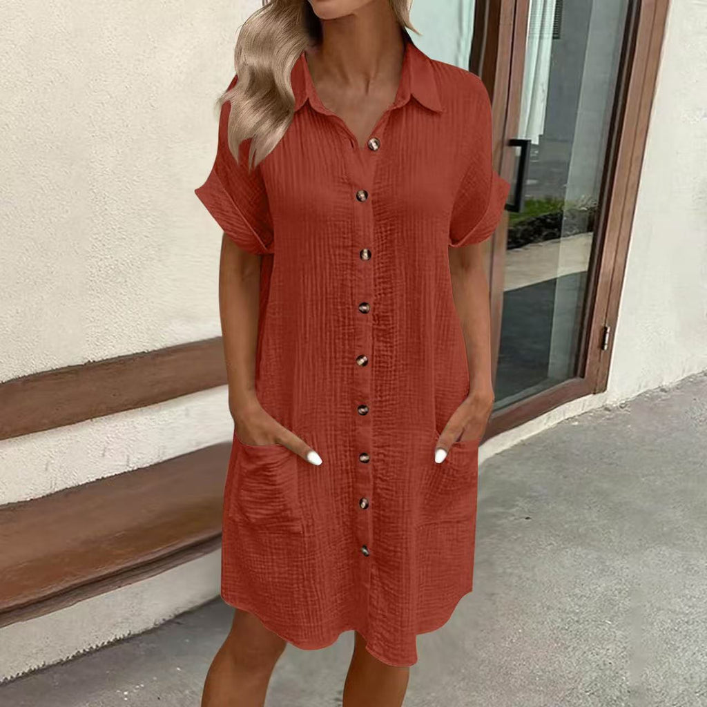 Women's Vintage V-Neck Dress – Three-Quarter Sleeve Flowy Dress