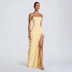 Women's Draped Evening Gown – Asymmetrical Long Sleeve Side Slit Dress