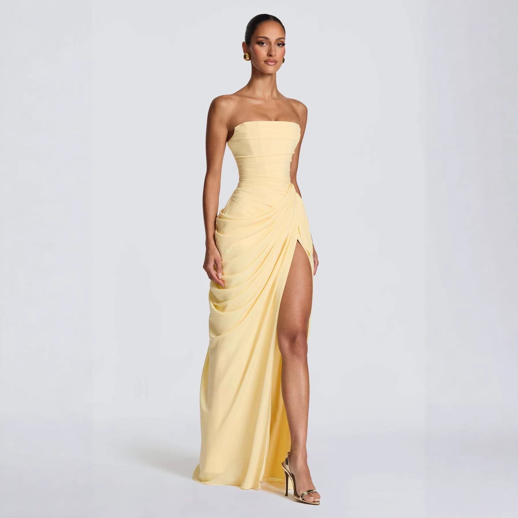 Women's Draped Evening Gown – Asymmetrical Long Sleeve Side Slit Dress