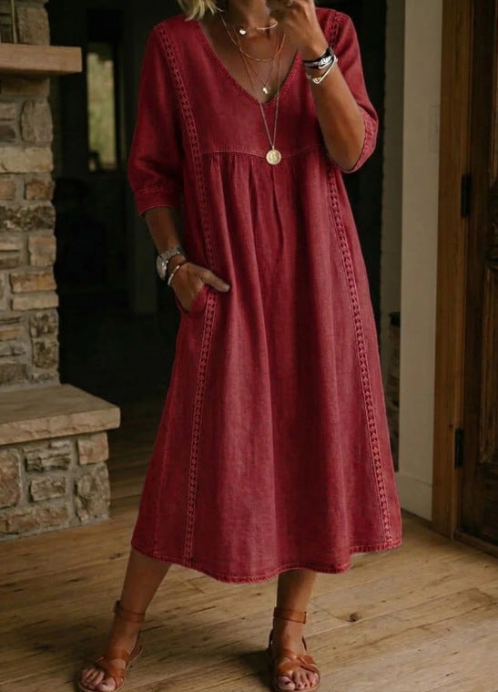 Women's Vintage Denim Look Dress – Relaxed Button Front Dress