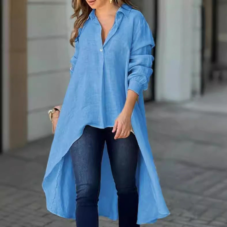 Women's Longline Shirt Blouse – Asymmetrical Button Down Tunic Blouse