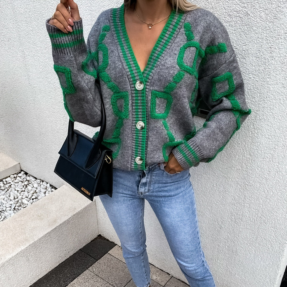 Women's Geometric Knit Cardigan – Oversized Button Front Patterned Cardigan