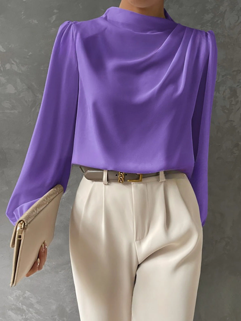 Women's Long Sleeve Blouse with Pleated Front and Relaxed Silhouette