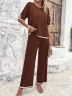 Women's Split Hem Wide Leg Lounge Set – Relaxed Top and Trousers Set